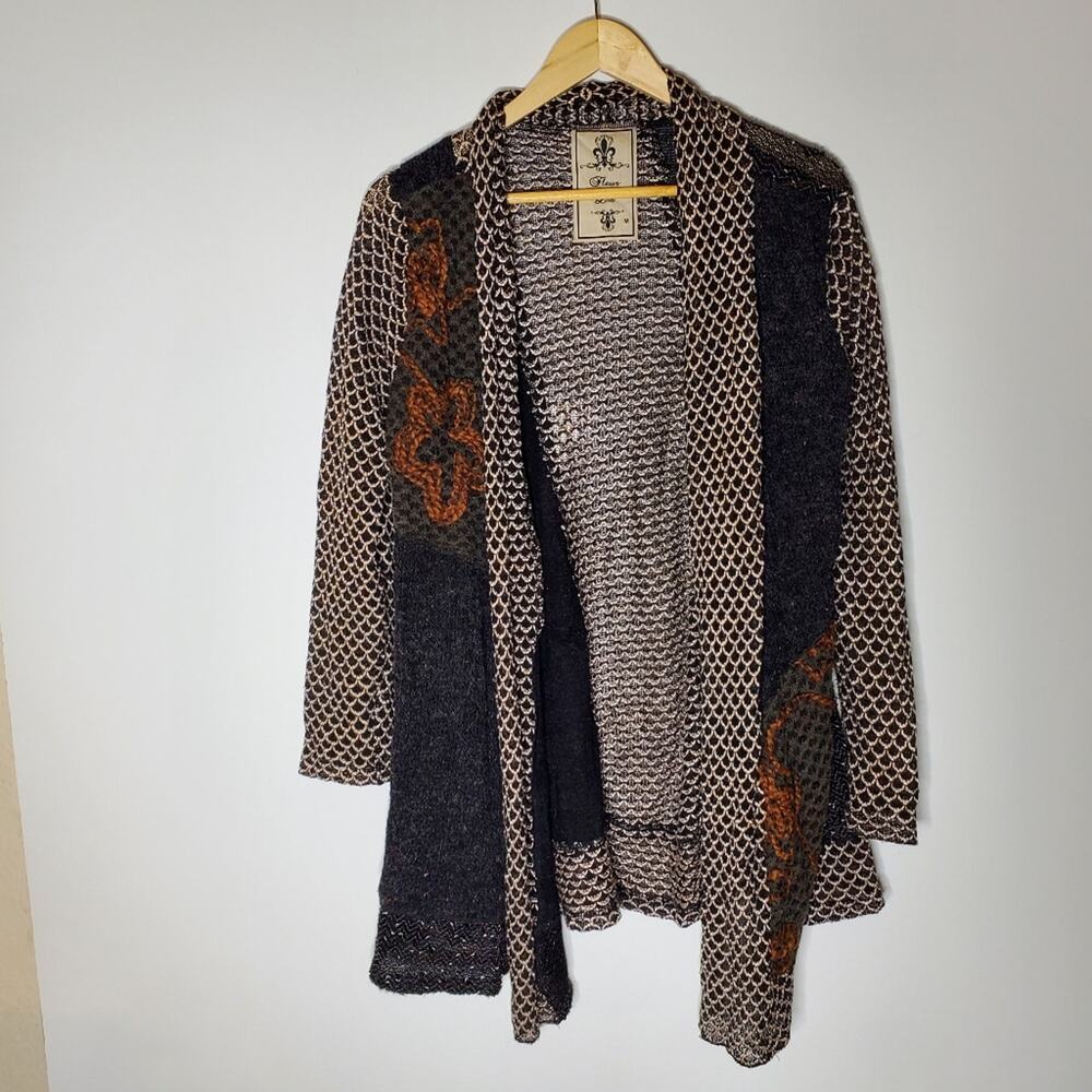 Fleur de Lis Collection multicolored long cardigan sweater with mixed textiles
